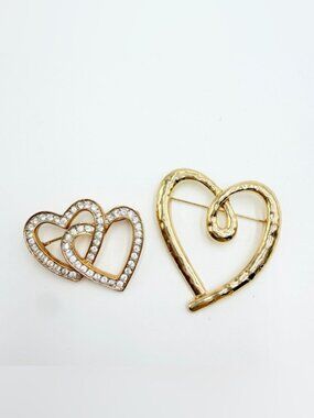 Vintage Brooch Bundle Roman Heart Rhinestone & Gold Tone Pin Set
